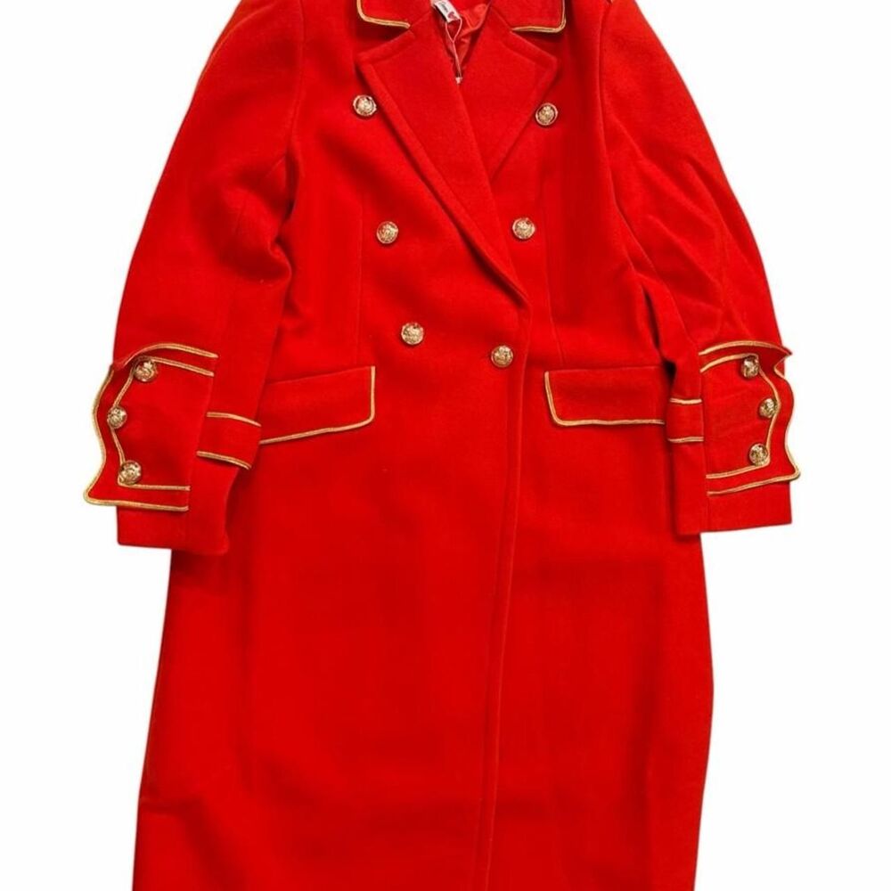 Donna Richardson red coat with gold trim and buttons